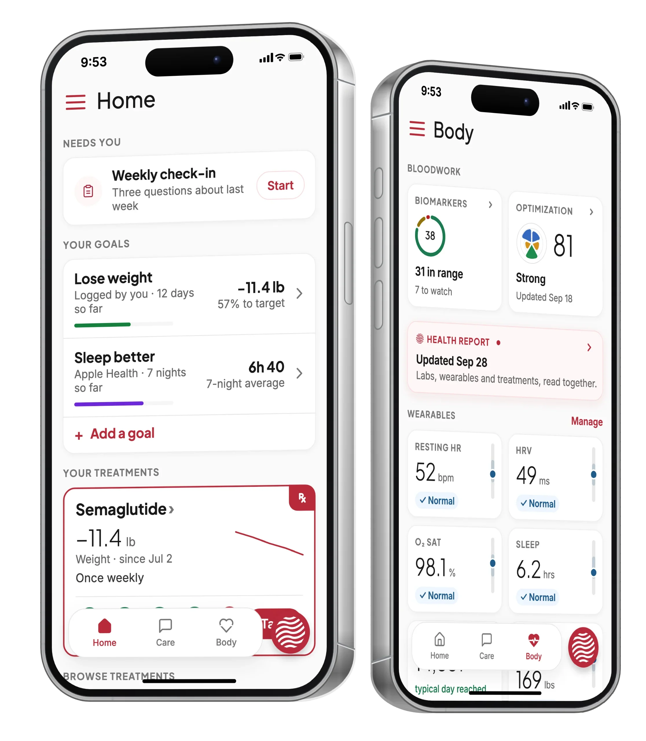 Crimson app showing wearable and performance trends on two phones