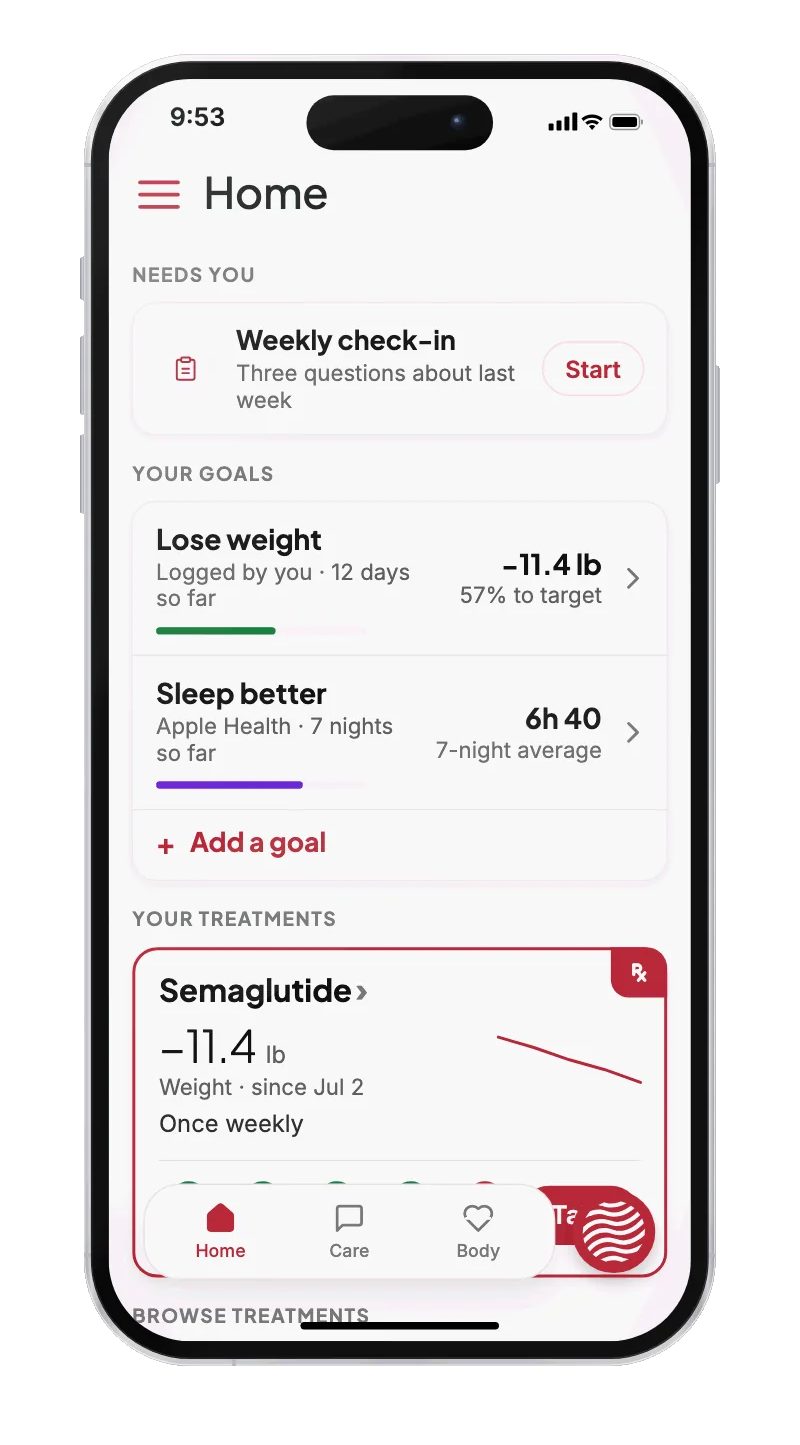 The Crimson app's Home screen: a weekly check-in, goal progress and a treatment card